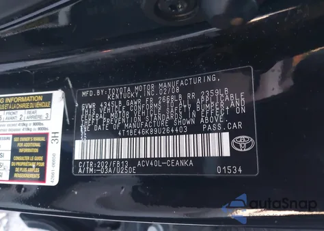 2009 Toyota Camry Le из США, поврежденный, VIN 4T1BE46K89U264403